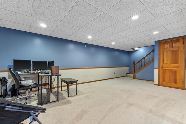 office space with recessed lighting, a paneled ceiling, baseboards, and carpet flooring