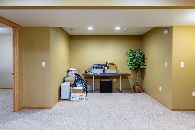 office space featuring recessed lighting, baseboards, and carpet flooring