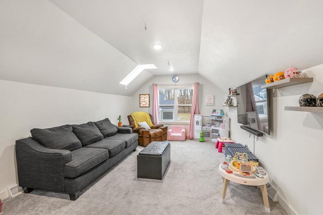 655 Sunset Grn, Bay, WI 54313 - living room featuring lofted ceiling with skylight, visible vents, baseboards, and carpet floors
