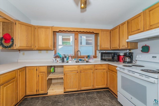 kitchen with electric range, a sink, under cabinet range hood, black microwave, and light countertops