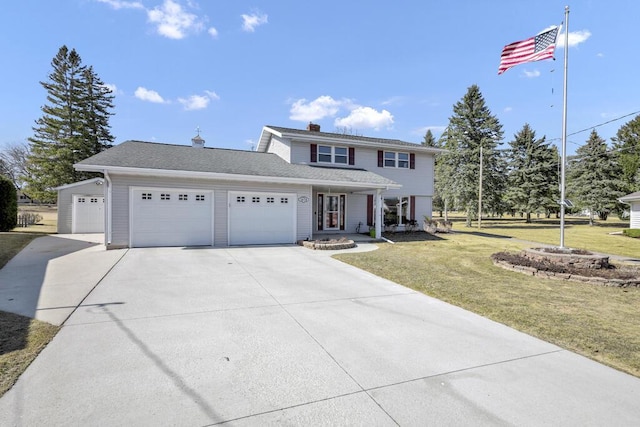 view of front of home featuring a front lawn, concrete driveway, a garage, and a chimney