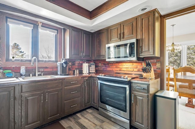 kitchen with backsplash, dark wood finished floors, dark brown cabinetry, appliances with stainless steel finishes, and a sink