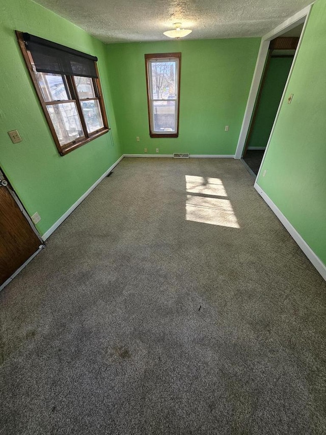 interior space featuring visible vents, baseboards, a textured ceiling, and carpet flooring