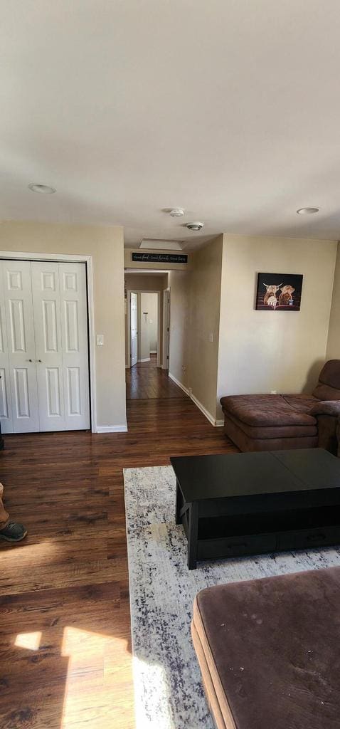 living area featuring baseboards and dark wood-style floors