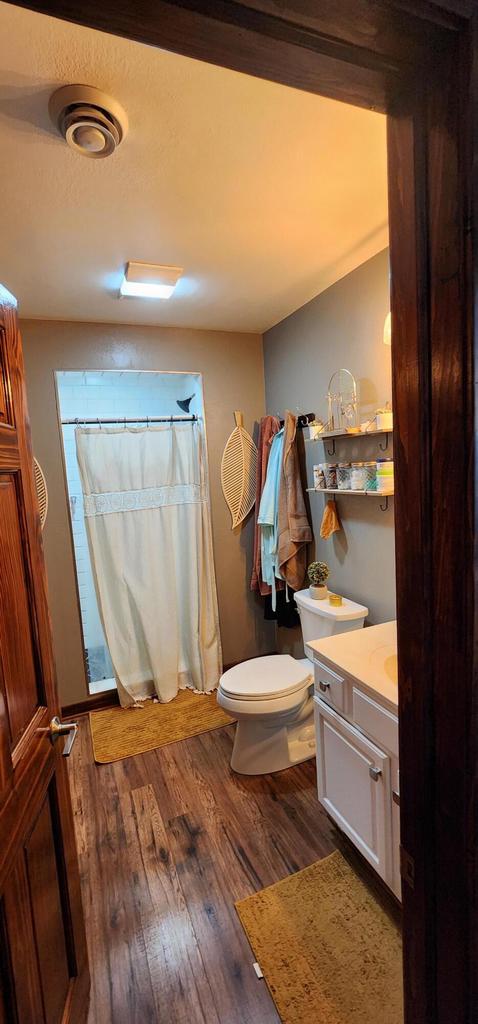 bathroom featuring visible vents, toilet, curtained shower, wood finished floors, and vanity