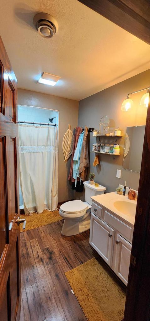 bathroom with vanity, a shower with shower curtain, wood finished floors, a textured ceiling, and toilet