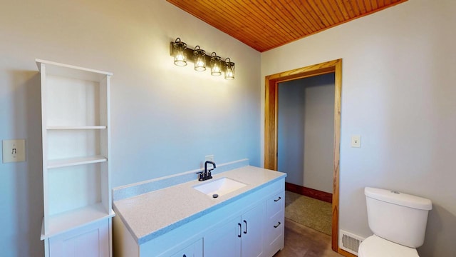 bathroom with visible vents, baseboards, toilet, wooden ceiling, and vanity