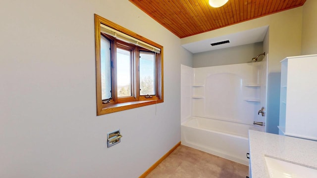 bathroom with visible vents, tub / shower combination, wood ceiling, and baseboards