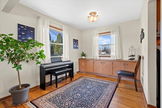 living area featuring baseboards, light wood-style floors, and a healthy amount of sunlight