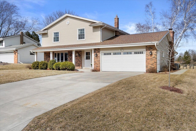 traditional-style house featuring concrete driveway, a shingled roof, a garage, brick siding, and a chimney