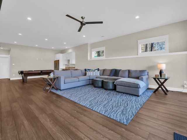 living area featuring recessed lighting, dark wood-type flooring, ceiling fan, and billiards