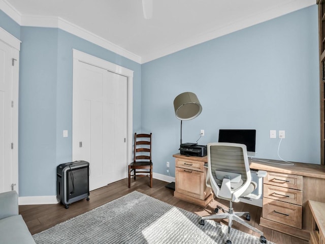 office featuring crown molding, baseboards, and dark wood-style flooring