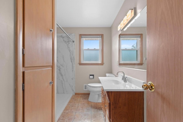 full bath featuring tile patterned floors, visible vents, toilet, a shower stall, and vanity