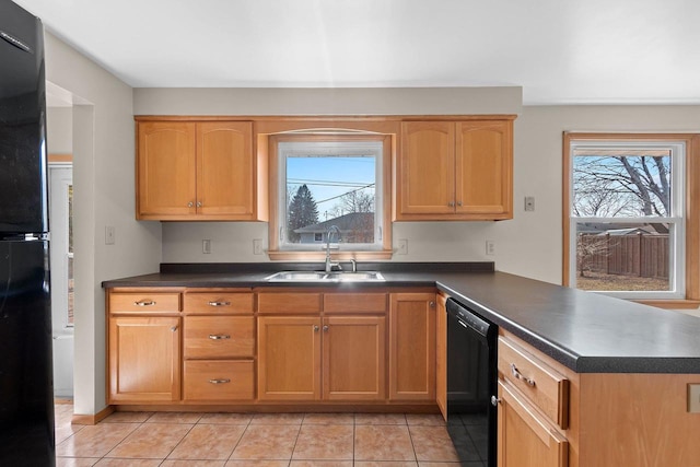 kitchen with a sink, plenty of natural light, dark countertops, and dishwasher