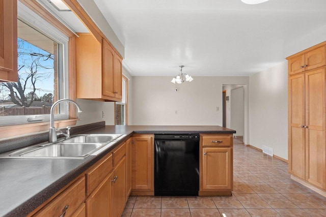 kitchen with visible vents, dishwasher, a peninsula, an inviting chandelier, and a sink