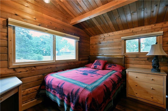 bedroom featuring lofted ceiling with beams, log walls, wood ceiling, and dark wood-style floors