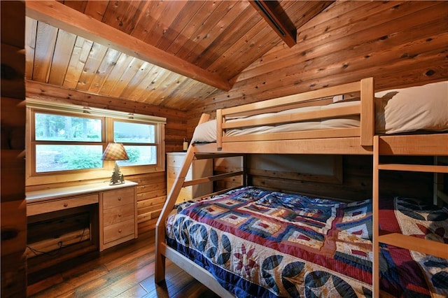 bedroom with wooden walls, lofted ceiling with beams, hardwood / wood-style flooring, built in desk, and wooden ceiling