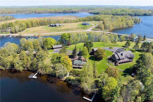 drone / aerial view with a forest view and a water view