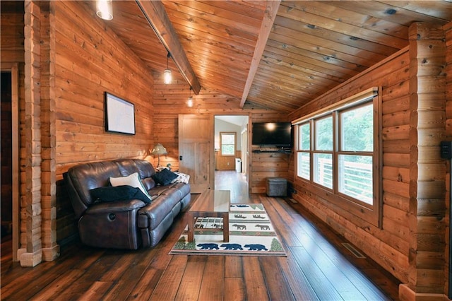 unfurnished living room featuring hardwood / wood-style floors, lofted ceiling with beams, and wooden ceiling