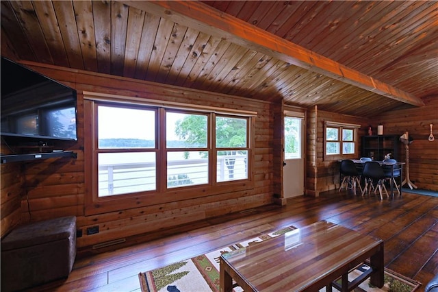 living room with wood-type flooring, wooden walls, wooden ceiling, and vaulted ceiling with beams