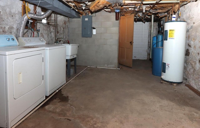 unfinished basement featuring electric panel, washing machine and dryer, and electric water heater