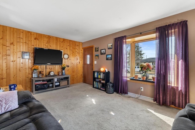 living area featuring wood walls and carpet floors