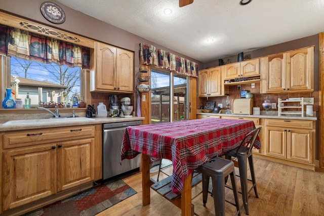 kitchen with a sink, light wood-style flooring, light countertops, and stainless steel dishwasher