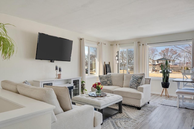 living area with baseboards and light wood-style floors