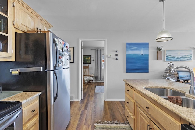 kitchen with a sink, light brown cabinets, light stone countertops, stainless steel appliances, and dark wood-style flooring