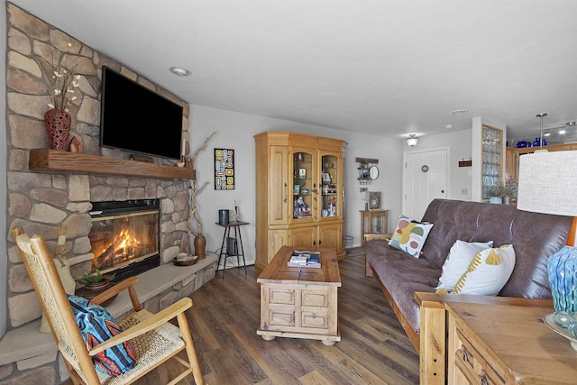 living area with a stone fireplace and wood finished floors