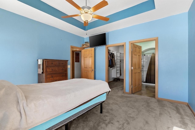 carpeted bedroom featuring a walk in closet, baseboards, a closet, a raised ceiling, and a ceiling fan