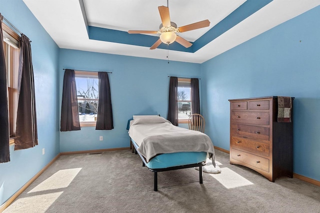 bedroom featuring multiple windows, a tray ceiling, and carpet floors