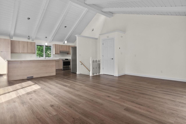 unfurnished living room featuring visible vents, beamed ceiling, dark wood-style floors, and baseboards