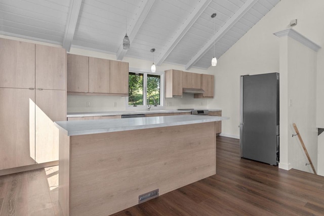 kitchen featuring under cabinet range hood, lofted ceiling with beams, light brown cabinetry, and stainless steel appliances