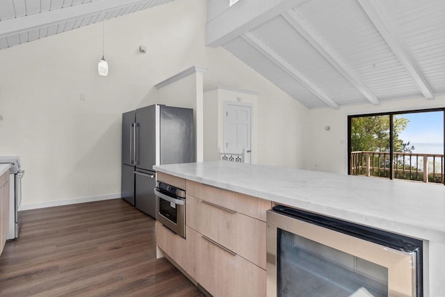 kitchen featuring light brown cabinets, vaulted ceiling with beams, wine cooler, stainless steel appliances, and modern cabinets