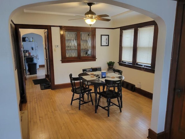 dining room featuring baseboards, light wood-style floors, arched walkways, and ceiling fan