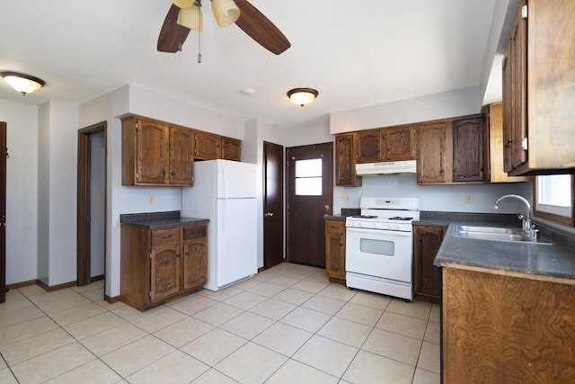 kitchen with under cabinet range hood, white appliances, dark countertops, and a sink