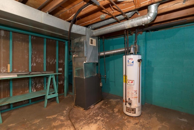 unfinished basement with heating unit, visible vents, and water heater