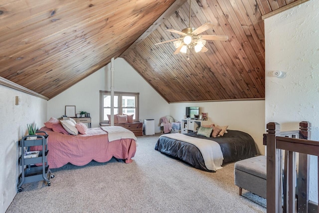 bedroom with ceiling fan, wooden ceiling, carpet flooring, and vaulted ceiling