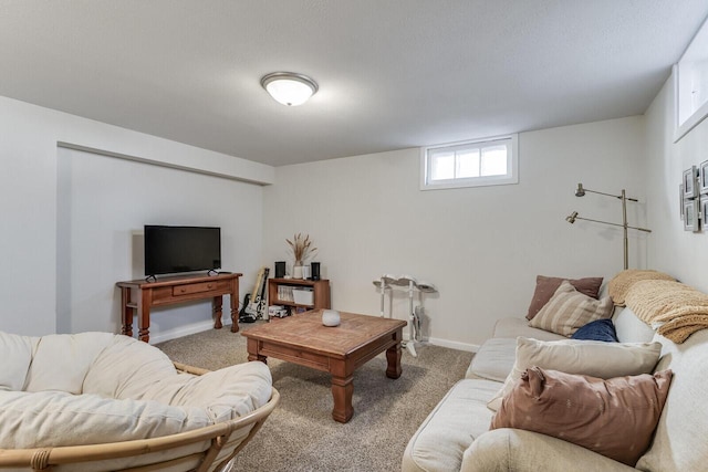 living area with baseboards and carpet