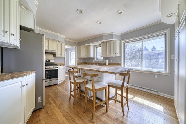 kitchen with under cabinet range hood, appliances with stainless steel finishes, ornamental molding, and a sink