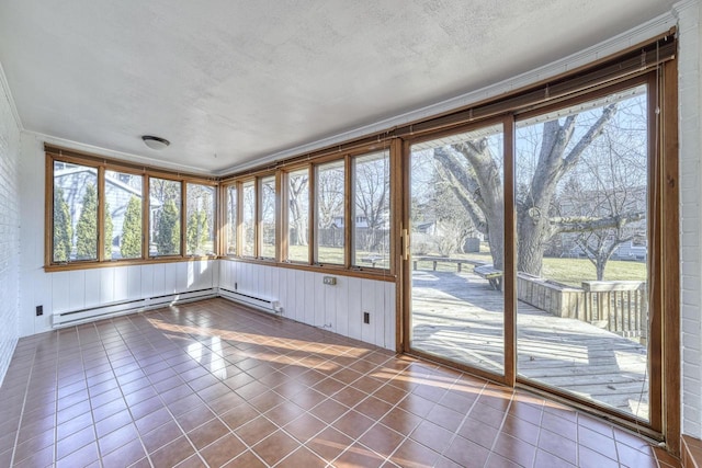 unfurnished sunroom with a wealth of natural light, baseboard heating, and a baseboard radiator