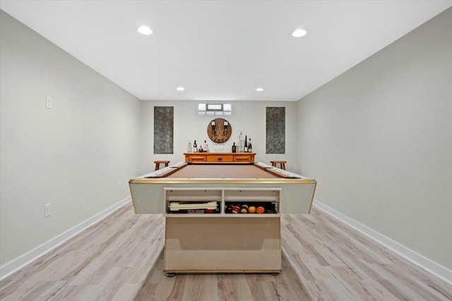 playroom with baseboards, wood finished floors, and billiards