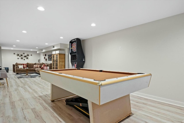 rec room featuring recessed lighting, baseboards, billiards, and light wood finished floors