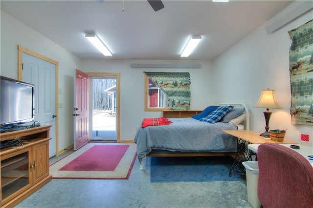 bedroom with access to exterior, baseboards, concrete flooring, and ceiling fan