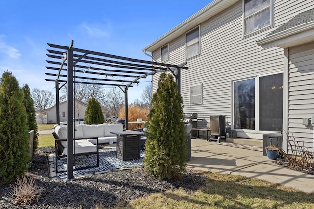 view of patio / terrace with an outdoor hangout area and a pergola