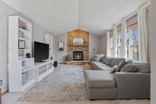 living area with built in features, carpet floors, baseboards, a brick fireplace, and vaulted ceiling