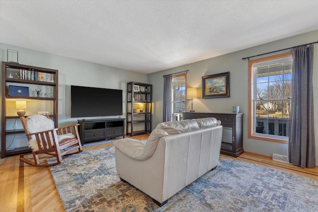 living room featuring wood finished floors, a wealth of natural light, and a textured ceiling