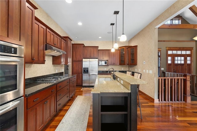 kitchen featuring a sink, dark wood-type flooring, glass insert cabinets, under cabinet range hood, and appliances with stainless steel finishes