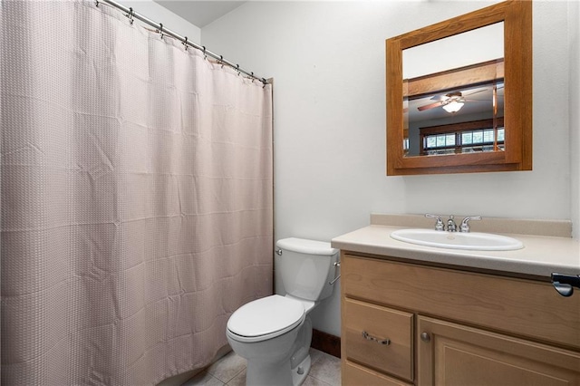 bathroom featuring vanity, tile patterned floors, toilet, and ceiling fan